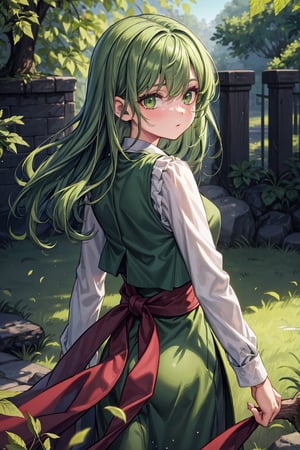 best quality, masterpiece, 8k, 1girl, dark green hair, green eyes, green witch vest, casting a healing spell, wind blowing from behind, leaves flowing, healing a man, healing particles sourrounding her, gentile look, wonderful, beautiful background, detailed eyes 