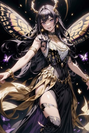 best quality, masterpiece, 8k, 1girl, very long gold tied hairs, face painting, golden and black long vest, long vest, long skirt, evil laugh, butterly wings, purple shiny trails, black bracelet and neckalces, wonderful, detailed arms, detailed fingers, dyanmic background, dynamic scenary, beautiful background