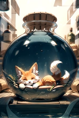 Autumn in a Bottle A bottle placed in deep water with a light, top of the wood, clear watercolor, cute fox, water.