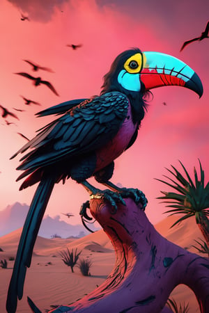 (masterpiece), 8k, best quality, zombie tucan, parasyte leaves sourrounding his wing, beautiful back,nd, desert with a pink sky, dynamic battle pose, eating a mole, evil sight extremely detailed ,oni style