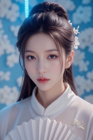 A close-up shot of a Asian woman in a white chinese clothes with a silver necklace and earrings. She is holding a white fan. The woman's hair is adorned with white flowers adding a touch of beauty to the scene. creating a soft focus on the woman's face. neon lighting. (cover the background wall with light blue flowers:1.3), (looking at viewer, upper body),Spider spirit Fourth sister