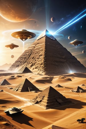 Step into a world where the past and the future collide - witness the enigmatic Egyptian pyramids surrounded by a fleet of UFOs, their advanced technology a stark contrast to the ancient structures,