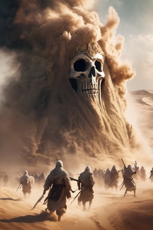 breathtaking, mediaeval battlefield, many Arabic warriors engaged in battle, fight to the death, ((gigantic ghost made from whirlwind of smoke and sand:1.9)) (detailed face:1.5), Arabian folklore, cinematic bottom up shot, digital artwork, illustrative, painterly, matte painting, highly detailed