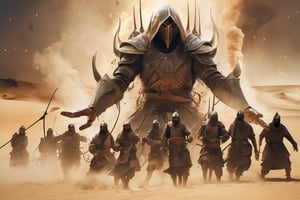 breathtaking, mediaeval battlefield, many Arabic warriors engaged in battle, fight to the death, ((huge gigantic hand emerging from whirlwind of smoke and sand:1.9)) (detailed face:1.5), Arabian folklore, cinematic bottom up shot, digital artwork, illustrative, painterly, matte painting, highly detailed