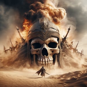 breathtaking, mediaeval battlefield, many Arabic warriors engaged in battle, fight to the death, ((huge gigantic skull warrior made from whirlwind of smoke and sand:1.9)) (detailed face:1.5), Arabian folklore, cinematic bottom up shot, digital artwork, illustrative, painterly, matte painting, highly detailed