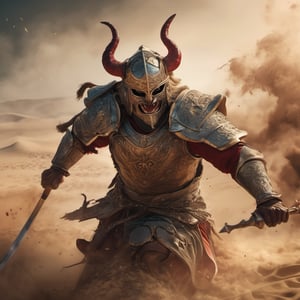 breathtaking, mediaeval battlefield, many (Persian warriors:1.8) engaged in battle, fight to the death, ((huge devil made from whirlwind of smoke and sand:1.9)) (detailed face:1.5), Persian folklore, cinematic bottom up shot, digital artwork, illustrative, painterly, matte painting, highly detailed