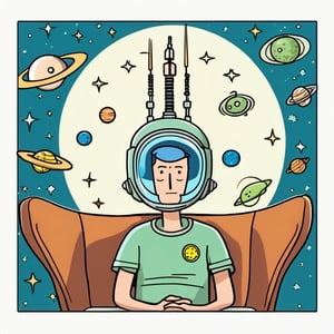 Dilbert style, flat colors, comic book style,
a man with antennas on the head, space connection with aliens,
white background, sticker