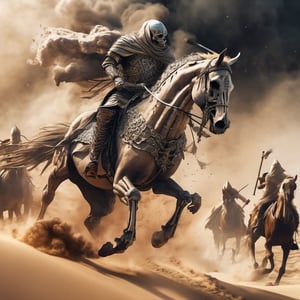 breathtaking, mediaeval battlefield, many Arabic warriors engaged in battle, fight to the death, ((huge gigantic skeleton warrior on horse made from whirlwind of smoke and sand:1.9)) (detailed face:1.5), Arabian folklore, cinematic bottom up shot, digital artwork, illustrative, painterly, matte painting, highly detailed