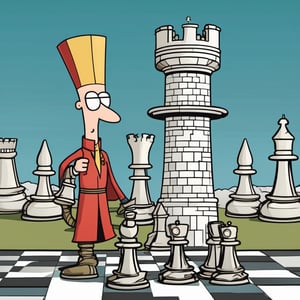 dilbert comic, 2d flat colors, chess warrior under a tower, illustrator, simple draw, full body