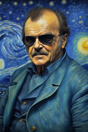 a dark gothic, v0ng44g, p14nt1ng, fabulous painting of jack nicholson paiting with sunglasses, van gogh style. surrounding by dark gothic room, soft cinematic lighting, highly detailed, 8k