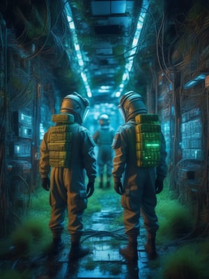 3d style, a cinematic surrealistic stylized painting of two men with flashlights on head and hazmat suits in abandoned overgrown city made of intertwined computer cables and circuit boards with LED lights, the ground is a mosaic of grass and water, dreamy, taken on a hasselblad medium format camera, bokeh, cinemascope, vignette, (subject in center, symmetrical:1.4), dramatic lighting, night time, volumetric lighting, (hazy atmosphere:1.5), blue cool light, cold, outside 
,flat design
