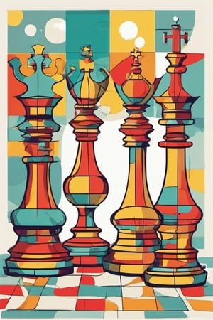  flat colors, comic book style,
crazy chess pieces, tall pieces, strange shapes, colorful
,white background, 