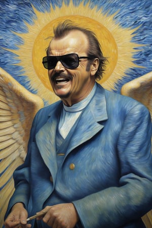 Create a hyper realistic image of v0ng44g, p14nt1ng, fabulous painting of jack nicholson paiting with sunglasses, van gogh style invading the heaven and winning war between angels and demons..colourful , wide , specific, dark , grim