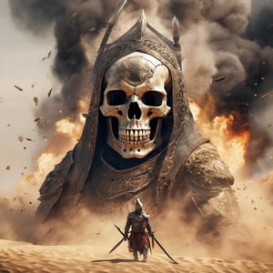 breathtaking, mediaeval battlefield, many Arabic warriors engaged in battle, fight to the death, ((huge gigantic skull warrior made from whirlwind of smoke and sand:1.9)) (detailed face:1.5), Arabian folklore, cinematic bottom up shot, digital artwork, illustrative, painterly, matte painting, highly detailed
