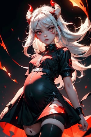 cute pregnant mother, high resolution, best quality, extremely detailed, area lighting in the background, HD, 8k, 1 girl, cute (black dress, short sleeves, levitating, red eyes, (bright eyes: 1.2), long hair, white hair, glowing electric energy, power pose, tights, blood stains, r1ge, demon horns on head