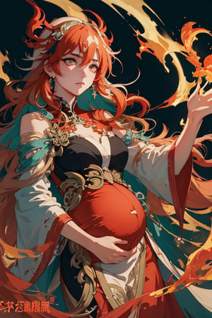 masterpiece, best quality, ultra high res, beautiful, elegant, graceful, award-winning art, pregnant mother, (style of Yuko Shimizu:1.4), (abstract art:1.2), style of rebecca guay, fu hua\bengluo, white_hair, orange_eyes, streaked_hair, fu hua, orange_hair, red_hair, fire, fiery_hair, hair_between_eyes, multicolored_hair, fu hua\bengluo, fiery_wings, fire, cloaked in flames, dark theme, visually stunning, gorgeous, cloud, fu hua\bengluo, 