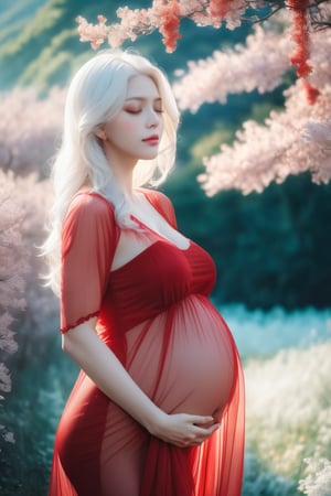 (masterpiece, best quality, niji style, realistic), a beautiful pregnant, red transparent dress, upper body shot, side view, white hair, eyes closed.