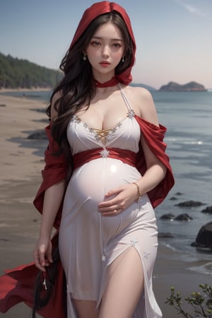 (Best quality, ultra clear, most detailed, masterpiece, 8k, epic composition), a pregnant mother  with long white hair, bare shoulders, exquisite facial features, perfect figure, medium chest, cleavage, (red silk dress: 1.4), crystal shine, hair accessories, standing by the peaceful seaside, looking forward to the future, water element, ice element, solo, simple background, snowflakes, jewelry, gemstones, glitter,RedHoodWaifu,Aurora,(red hood