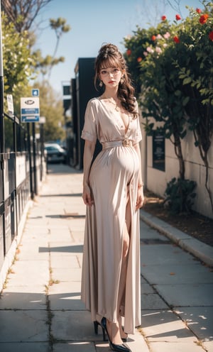 1  pregnant mother (full body), (chignon hair:1.3), dark theme, soothing tones, muted colors, high contrast, (natural skin texture, hyperrealism, soft light, sharp), (beautiful location background, flowers, trees), (white hair:1.2), (medium breasts), necklace, earrings, mature woman, expressionless, (wearing shirt with long skirt, wearing high heels, small belt), (grim glasses), best quality, masterpiece, seductive, spotlight, perfect female body, mature_female_face, looking_at_viewer, closed_mouth, bangs, cowboy_shot,sansan33