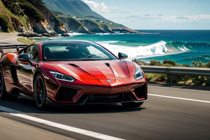 (best quality, 4k, 8k, highres, masterpiece:1.2), ultra-detailed, (realistic, photorealistic, photo-realistic:1.37), shiny red sports car, sleek and aerodynamic design, glistening in the sunlight, powerful engine roaring, parked on a scenic coastal road, surrounded by lush greenery and a breathtaking ocean view, with waves crashing against the rocks, capturing the dynamic movement, vibrant colors and textures of the surroundings, emphasizing the speed and elegance of the car, creating a sense of excitement and adventure.
,Car