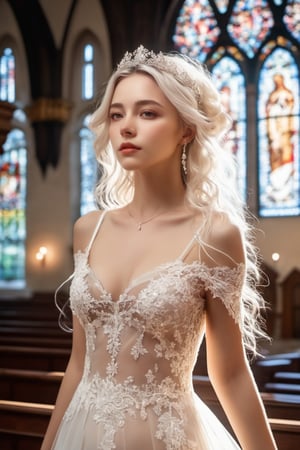 masterpiece,extremely detailed CG unity 8k wallpaper, realistic,((nsfw)) // 1girl, European 19 year old girl, white hair,wavy hair,long hair, // (see-through wedding dress:1),no panties,(wedding,bride:1.2),in church,standing // //