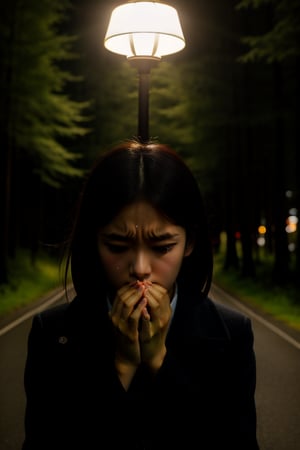 high  resolution, dark,dark forest, low light, beautiful asian girl, dark_hair, black coat, upset face, sad face, crying face, cry, tearful, low light, street lamp on the road in empty forest, eyes look down, tearful eyes, smooth forehaed, hands down, fear in her eyes
