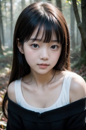 主：(deep in the misty woods),(((face photo))),
人：1litte 1kid 7yo gril (Child:1.2), Korean beauty,
優：With a very high artistic composition style,
髮：(long hair),(((bangs))), 
服：Off-the-shoulder,