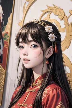 chinese noble, woman wearing a chinese outfit, in the style of hyperrealistic paintings, 32k uhd, dark white and light white, anime art, elaborate beadwork, exaggerated facial features, mural painting