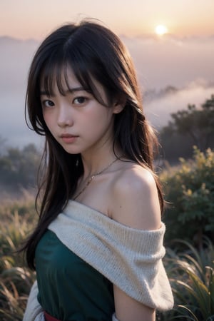 主：(((Fog forest with golden sunset))),
人：masterpiece, 8k, ((from front)), portrait, upper body, cute, detailed face, beautiful detailed eyes, girl, loli, happy, mad, red lips, bangs, very long hair, strong eyebrows, bare shoulders, (blush), (embarrassed),
服：Samurai Shodown,(red off-shoulder shirt), 