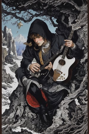 DArt,A medieval minstrel with very colorful suit with tippet and hood playing a mandolin in a romantic landscape, oil painting, extremely detailed, masterpiece, approaching to perfection, by Moritz von Schwind and Alan Lee