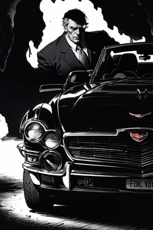 DArt,masterpiece, highly detailed, high contrast, the headless man from Sleepy Hollow, ((driving a classic Cadillac convertible)), down a sinister highway