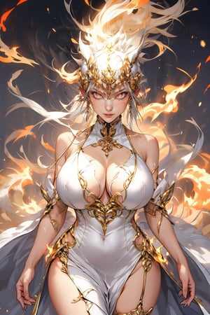 Henshin, solo, 1girl, huge breasts, white dress, magic fire