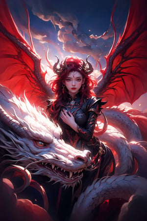 DragonCute,hug, dragon, hug dragon,white dragon, BREAK (1girl,solo,demon horns. red hair, wavy long hair,demon wings), cloud, star_(sky), night