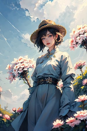 EpicArt, (realistic,best quality:1.2), a sky full of flowers,cloud, 1girl, wear ao dai, hat,EpicArt