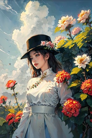 EpicArt, (realistic,best quality:1.2), a sky full of flowers,cloud, 1girl, wear ao dai, hat,EpicArt