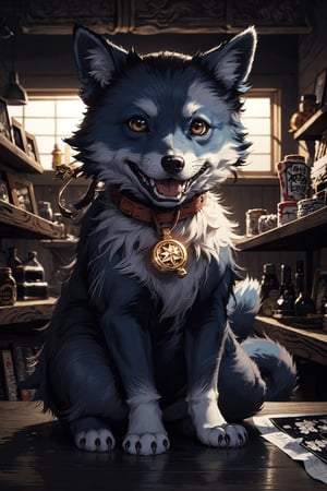 DArt,photo r3al, masterpiece, best quality, ultra realistic, cute little friendly blue dog mascot, on a table, warm lighting, clothed like a traveling merchant, Spirit Fox Pendant, ColorART, simple, minimalistic