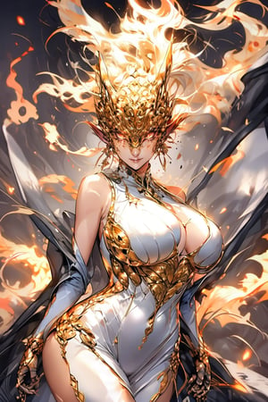 Henshin, solo, 1girl, huge breasts, white dress, magic fire