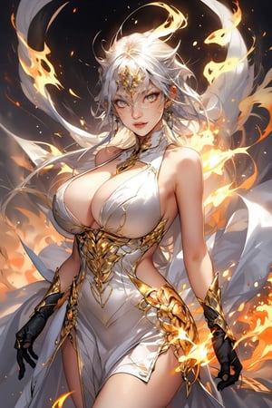 Henshin, solo, 1girl, huge breasts, white dress, magic fire