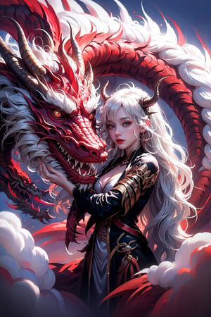DragonCute,hug, dragon, hug dragon,1girl,solo,demon horns. white hair, wavy long hair, in sky, demon wings