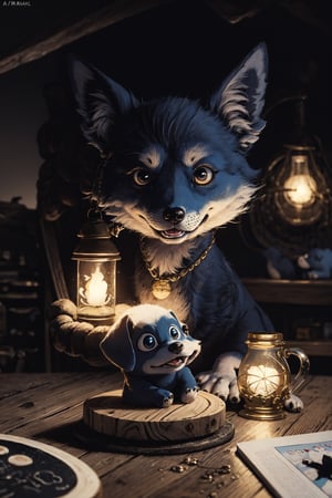 DArt,photo r3al, masterpiece, best quality, ultra realistic, cute little friendly blue dog mascot, on a table, warm lighting, clothed like a traveling merchant, Spirit Fox Pendant, ColorART, simple, minimalistic