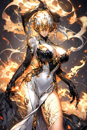 Henshin, solo, 1girl, huge breasts, white dress, magic fire