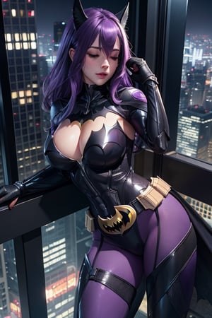 Sexy female version of batman, sleeping on a skyscraper at night, purple hair, hyper realistic, hyper detailed, 8k, best quality, ultra quality 