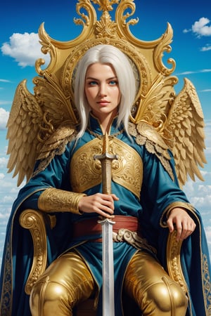 Beautiful Angel, white hair, holding a powerful sword, sitting on a golden throne on clouds, in sky, clouds, detailed sword, Perfect face, detailed face, Perfect eyes, detailed eyes, insane details, 8k, hyper realistic, best quality, super realistic, ultra details, green eyes, 