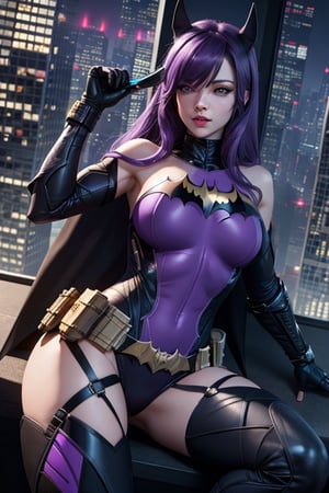 Sexy female version of batman, sleeping on a skyscraper at night, purple hair, hyper realistic, hyper detailed, 8k, best quality, ultra quality 