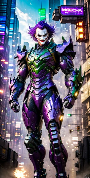 (Realistic), (masterpiece 1.2), (Ultra HDR quality), (photorealism), (perfect face), (perfect body armour), Muscular Man, The Joker, purple green body suit, HI-TECH armour, Hi-Tech weapons, Hi-Tech lightning armour, runing on city road, city background, ,mecha musume,mecha,cyberpunk style, 