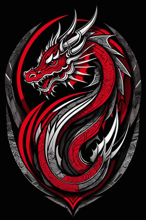 Tribal Spirit animals: tribal art, featuring a intricately detailed spirit animal Dragon, powerful, mysterious, high contrast, The design incorporates geometric patterns and bold linework to create a striking and powerful composition. Black background, 8k, ready to print illustration of hand drawn dragon, simple vector, black white Red, few colors and many shades, clean and sharp lines