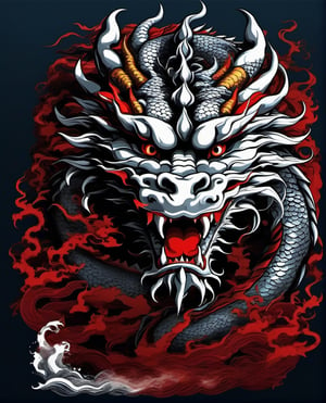cloud, dragon, eastern dragon, fangs, fire, horns, moon, no humans, open mouth, red eyes, sharp teeth, simple background, solo, teeth, tshirt design, water, waves 