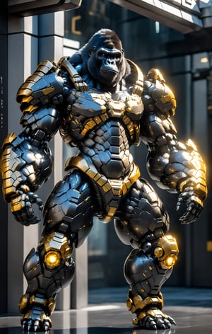 Agile black gorilla mecha robo soldier character, anthropomorphic figure, wearing futuristic soldier armor and weapons, reflection mapping, realistic figure, hyperdetailed, cinematic lighting photography, 32k uhd with a golden staff
