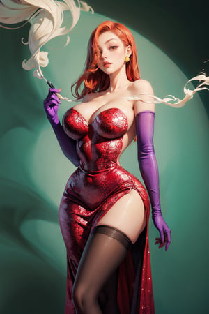 symbolism,CARTOON_jessica_rabbit_aiwaifu,aiwaifu,hair over one eye,red hair,narrow waist,elbow gloves,purple gloves,very long hair, big hair, tall female, toned,makeup,dress,lipstick,bare shoulders,large breasts,cleavage,red dress,strapless,eyeshadow,strapless dress,side slit,jewelry,earrings,green eyes,thighs,huge breasts,red lips,lips,curvy,thick thighs,long dress,cocktail dress,wide hips,pantyhose,thighhighs,collarbone,long legs, one eye covered, smoking,smoke,cigarette,masterpiece,best quality,ultra detailed, 8k, cinematic light,highly detailed, scenery,pose,solo,looking at viewer, no background