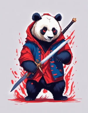 Leonardo Style, illustration, bear, 1boy, weapon on back, jacket, panda, male focus, weapon, red eyes, solo, sword, red jacket, furry,  